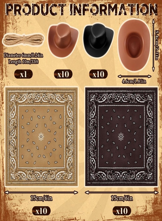 Leitee 20 Sets Mini Cowboy Hats for Crafts Plastic Tiny Cowgirl Hat with Bandannas for Western Cowboy Party Decoration(Brown, Black) - Image 2